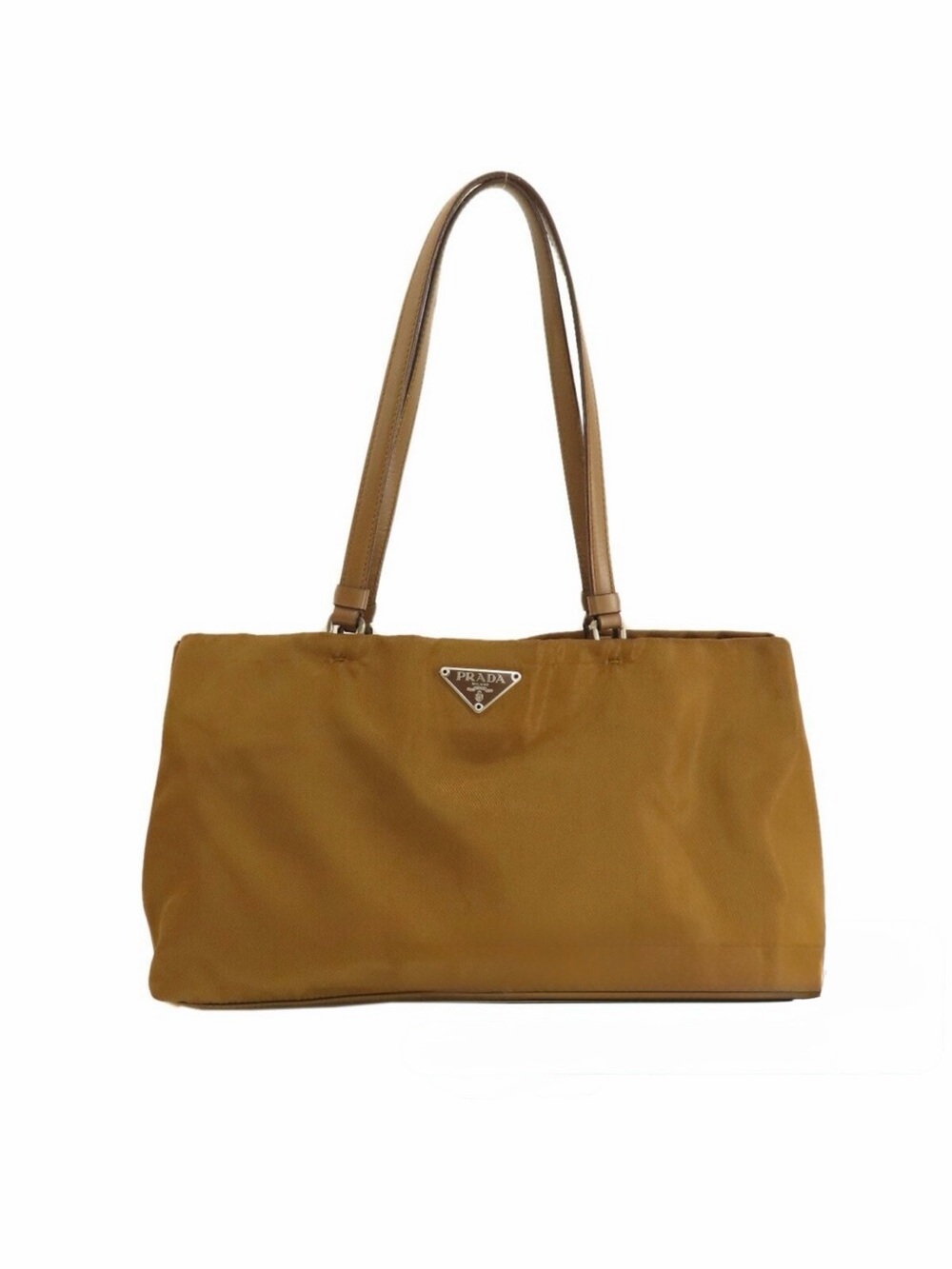 Auth Vintage 2000s Prada Tessuto tote bag enameled triangle logo Tan Tobacco